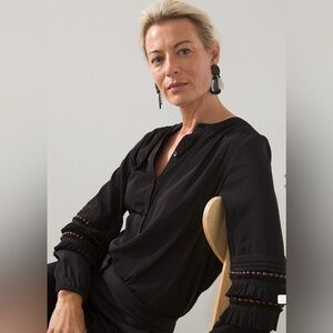 Chico’s Size 2 (12) Ruffle Beaded Sleeve Black Flowy Button Front Top Blouse NWT